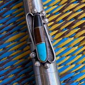 VTG 1960s Native Sterling Silver Ring Onyx Turquoise Petrified Wood Sz US 5.5